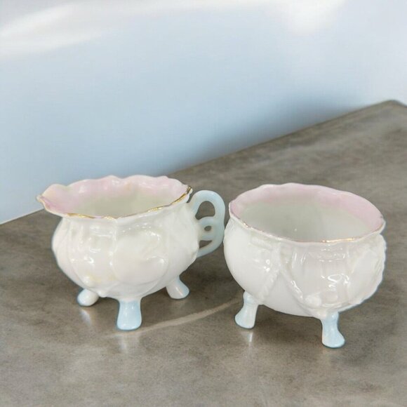 Antique Porcelain Sugar And Creamer Set 2 German Kitchenware Open Sugar Decor - Picture 4 of 16